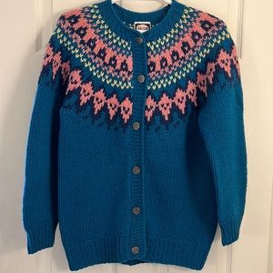 Teal and pink Fair Isle cardigan, 100% Shetland wool, Size M